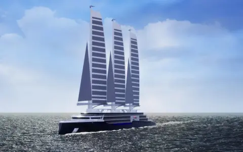 Un navire futuriste glisse sur l'eau, ses trois voiles rigides et élancées capturant le vent sous un ciel bleu parsemé de nuages.