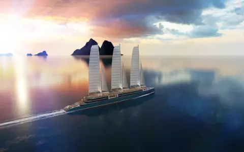 Un paquebot à voile futuriste navigue sur une mer calme au coucher du soleil, avec des voiles imposantes et des îles lointaines.