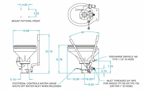 Schéma technique d'un wc marin, montrant ses dimensions et son wc marin fonctionnement. Le pédalier contrôle l'usage de l'eau.