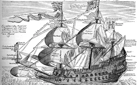 Gravure d'un majestueux bateau 17ème siècle, le "Navire Royal", avec ses voiles gonflées et ses nombreux détails annotés.