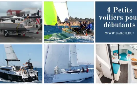 4 petits voiliers pour débutants : un sur remorque, un en action avec équipage, un autre naviguant, et l'intérieur d'un bateau.