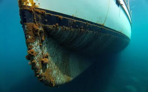 Vue sous-marine du **bateau mou** couvert d'algues et de coquillages, sa coque blanche et noire contrastant avec le bleu profond de l'eau.