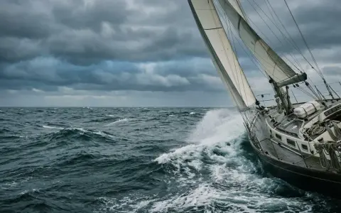 Un voilier fend les vagues sous un ciel menaçant. La proue découpe l'écume, le vent gonfle les voiles.