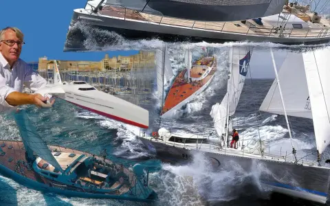 Gilles Vaton, architecte naval, présente ses créations : voiliers de luxe, bateaux futuristes et navires de course en pleine mer.