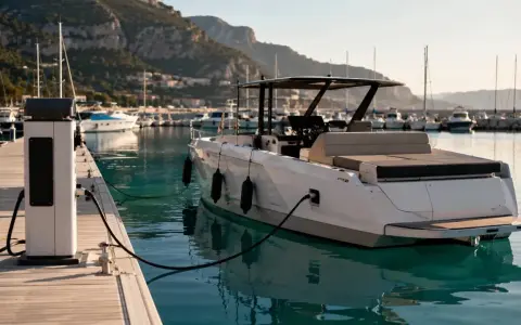 Un catamaran électrique blanc est amarré à quai, branché à une borne de recharge. Le port est bordé de collines verdoyantes.