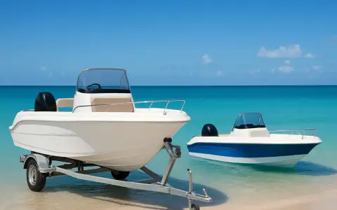 Deux bateaux blancs sur une plage de sable fin, l'un sur une remorque. Idéal pour un compromis vente bateau sous le soleil.