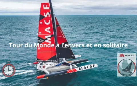 Trimaran MACSF en pleine mer, prêt pour un tour du monde à l'envers et en solitaire. SVR Lazartigue, un défi audacieux.