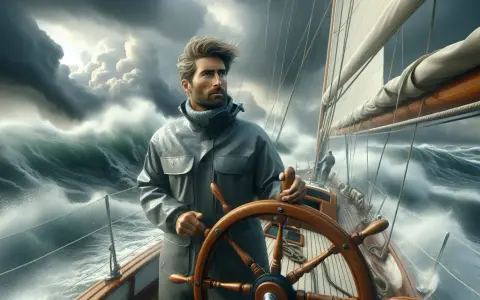 Un homme au gouvernail d'un bateau dans la tempête, affrontant les vagues déchaînées sous un ciel orageux.