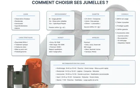 Guide pour comment choisir des jumelles : usage, grossissement, diamètre, budget, marques, caractéristiques et conseils pour un achat éclairé.