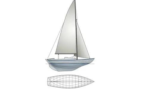 Vue latérale d'un voilier de type folk boat, avec sa ligne de flottaison et une vue en plan de sa coque.