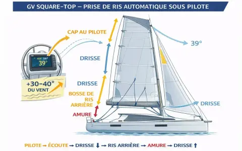 Schéma de prise de ris automatique sur un voilier. Le pilote automatique ajuste la voile selon le vent.