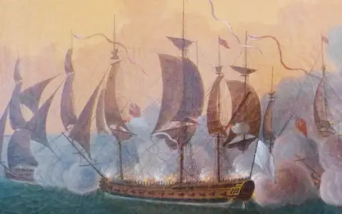 Bataille navale animée, l'Hermione bateau au centre, entouré de fumée et de canons crachant le feu.