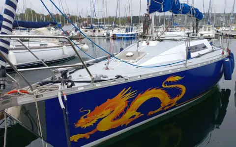 Voilier bleu orné d'un dragon jaune vif, prêt à naviguer. Les premiers 32 avis sont positifs.