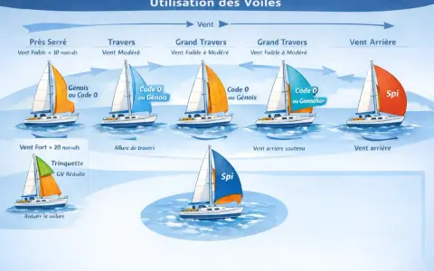 Schéma illustrant l'utilisation des voiles (génois, spi, trinquette) en fonction du vent et de l'allure en navigation.