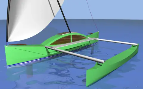 Un prao bateau vert, avec une voile blanche, navigue sur une eau bleue calme.