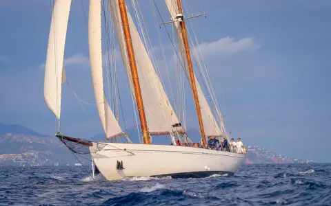 Un élégant voilier blanc, tel un cygne noir sur l'eau, navigue avec ses voiles gonflées par le vent, longeant une côte méditerranéenne.
