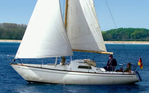 Un voilier blanc navigue sur une mer bleue, ses voiles gonflées par le vent. L'écume de mer danse autour de la coque. Deux personnes et un chien profitent de la balade.