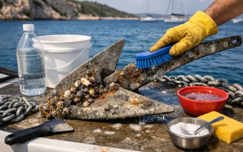 Gant jaune brossant une ancre rouillée couverte de coquillages. Préparation pour le nettoyage du bateau.