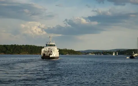 Un ferry blanc navigue sur une eau bleue, laissant une traînée derrière lui. La vitesse du bateau est visible dans le sillage. Au loin, des voiliers et une côte boisée.