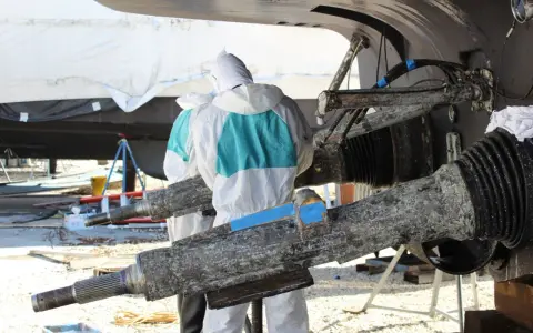 Travailleurs en combinaison protègent un bateau aluminium contre l'électrolyse. Des pièces rouillées sont visibles.