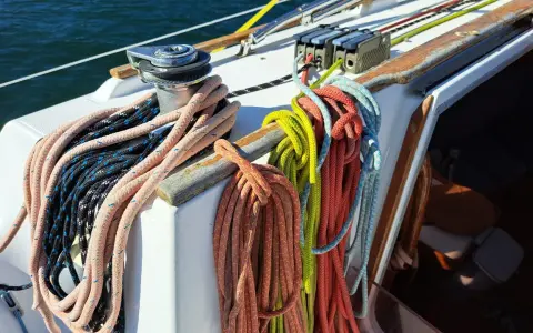 Sur un voilier, la différence entre drisse et écoute est claire : les drisses hissent les voiles, les écoutes les règlent. Ici, des cordages colorés attendent leur usage.