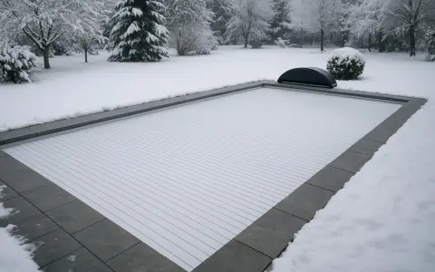 Piscine recouverte d'une couverture blanche et etanche, dans un jardin enneigé. Le paysage hivernal est paisible.