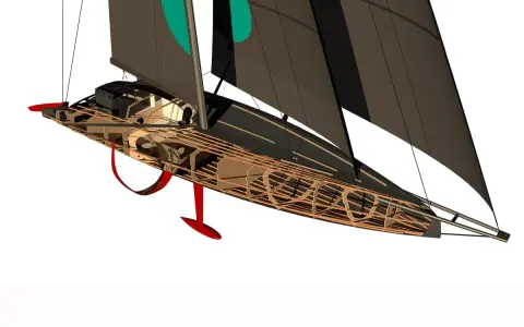Maquette d'un voilier IMOCA foil, révélant sa structure interne complexe et ses appendices rouges.