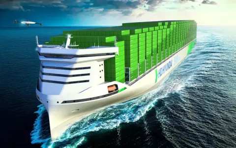 Un super porte conteneur futuriste navigue sur l'océan, chargé de conteneurs verts. Un drone survole le navire.