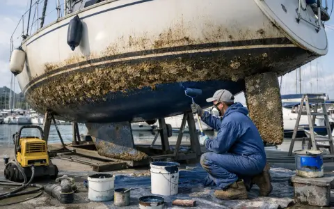 Un marinier applique une nouvelle couche de peinture antifouling sur la coque d'un voilier. Il est temps de choisir quel antifouling choisir pour protéger le bateau.