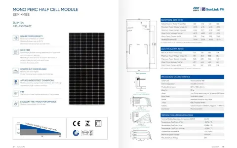 Panneau solaire mono PERC half cell, avec tableau de données techniques et caractéristiques mécaniques.