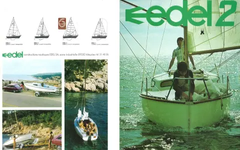Bateau Edel 2 en mer, deux hommes à bord. Le logo Edel 2 est bien visible.