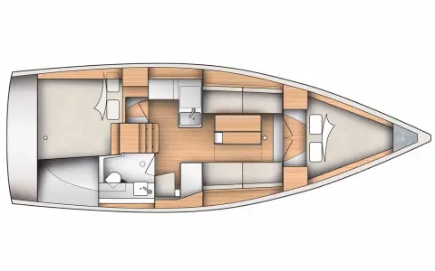 Plan intérieur du Dufour 360, montrant cabine, carré, cuisine et salle d'eau. Fiche technique détaillée.