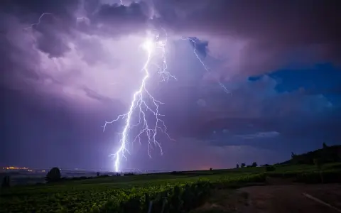 Un éclair zèbre le ciel violacé, illuminant un vignoble sous un orage de mer. La foudre frappe au loin, près d'une ville scintillante.