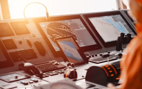 Tableau de bord d'un navire avec écrans radar et cartes maritimes. La **priorité voile** est assurée par ces technologies de navigation avancées.