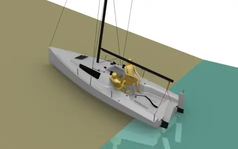 Un voilier blanc avec deux mannequins dorés, prêt pour une aventure seascape 24. L'eau turquoise reflète le ciel blanc.