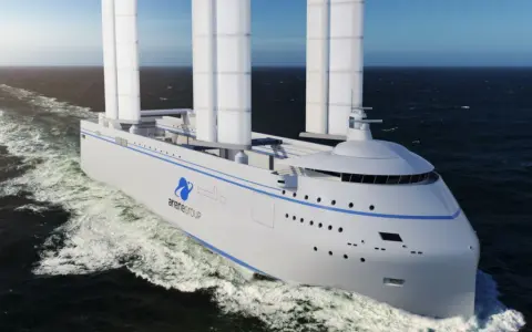 Bateau futuriste avec une canopée de voiles, naviguant sur une mer agitée.