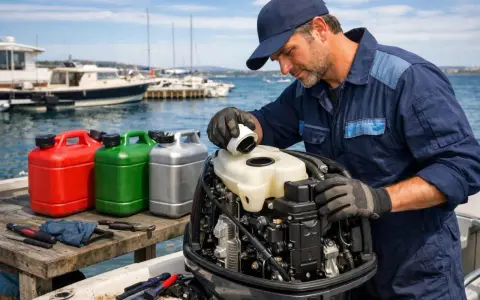 Mécanicien remplissant un moteur hors-bord essence 95 ou 98. Bidons de carburant rouges, verts et argentés à proximité.