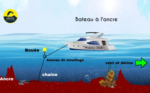Le bateau "Mobby Dick" est à l'ancre. Une bouée, un anneau de mouillage et une chaîne relient le navire à une ancre au fond de l'océan.