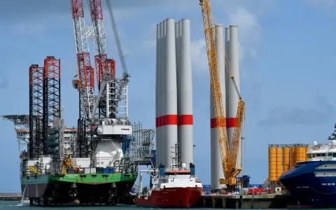 Un navire jack-up avec des grues massives se tient à côté de grandes tours d'éoliennes, prêt pour l'installation.