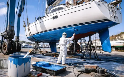 Un marinier en combinaison blanche peint le carénage d'un bateau blanc et bleu, soulevé par une grue.