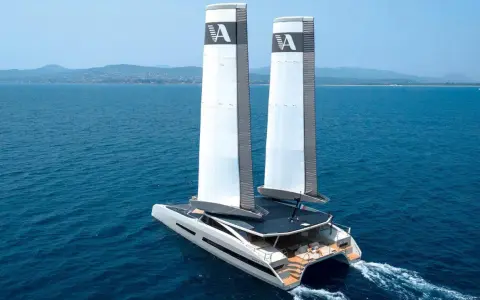 Le catamaran de luxe MODX 70 navigue sur une mer bleue, ses deux voiles imposantes portant le logo "A".