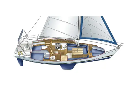 Coupe intérieure d'un voilier, montrant la cabine, la cuisine et le poste de pilotage. Fiche technique Feeling 1090.