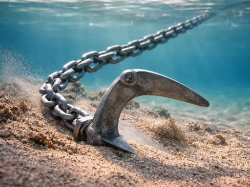 Ancre s'enfonçant dans le sable, sa chaîne s'étendant vers la surface. Le poids de l'ancre par rapport au bateau est essentiel pour le maintenir stable.
