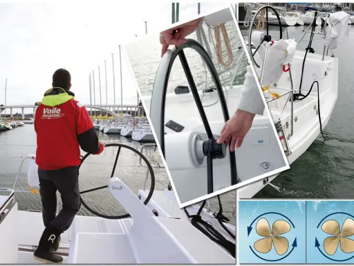 Un homme en blouson rouge au port, prêt à abattre voile. Gros plan sur la barre et les hélices du voilier.