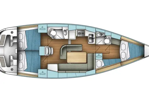Schéma voilier vu de dessus : cabines, salle de bain, cuisine, salon avec table et banquettes.