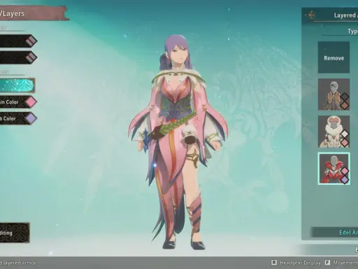 Personnage féminin avec une tenue rose et blanche, personnalisation de l'armure Edel.