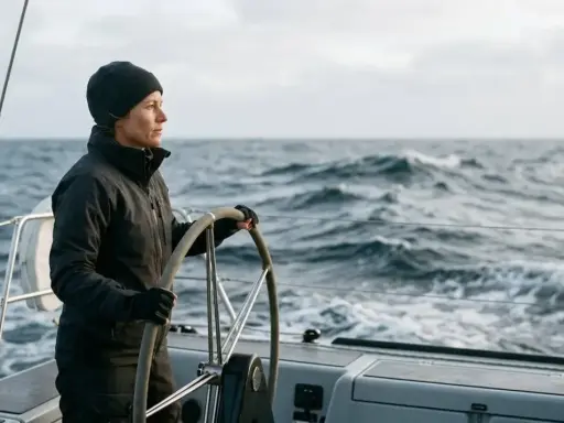 Une femme au gouvernail d'un bateau ardent, naviguant sur une mer agitée sous un ciel couvert.