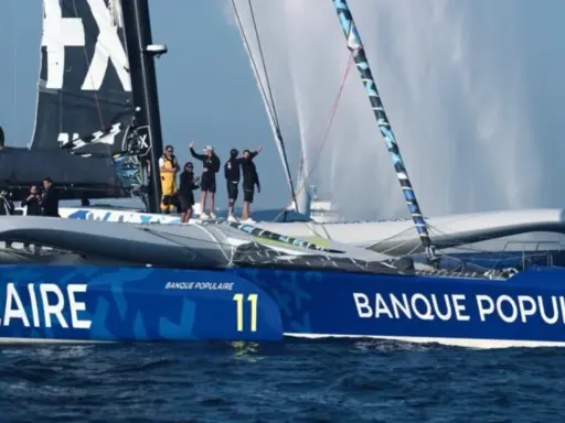 Équipe sur un trimaran Banque Populaire, rappelant l'esprit d'aventure d'un olivier de kersauson jeune.