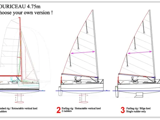Trois versions du voilier Souriceau 4.75m : standard, dériveur rétractable, ou quille en V.