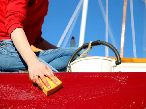 Nettoyage coque bateau vinaigre blanc : une main frotte la coque rouge avec une éponge savonneuse, sous un ciel bleu éclatant.